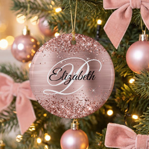 Photo Glittery Rose Gold Foil Fancy Monogram Ceramic Tree Decoration
