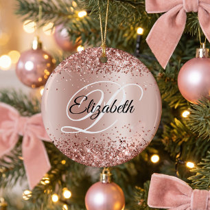 Photo Glittery Rose Gold Shimmer Fancy Monogram Ceramic Tree Decoration