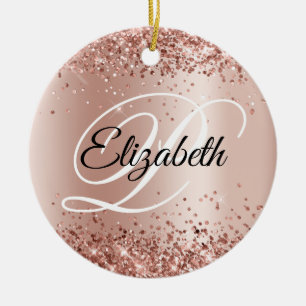 Photo Glittery Rose Gold Shimmer Fancy Monogram Ceramic Tree Decoration