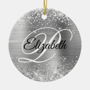Photo Glittery Silver Foil Fancy Monogram Ceramic Tree Decoration