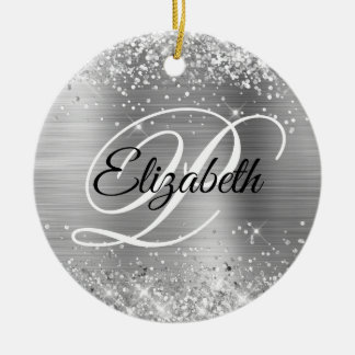 Photo Glittery Silver Foil Fancy Monogram Ceramic Tree Decoration