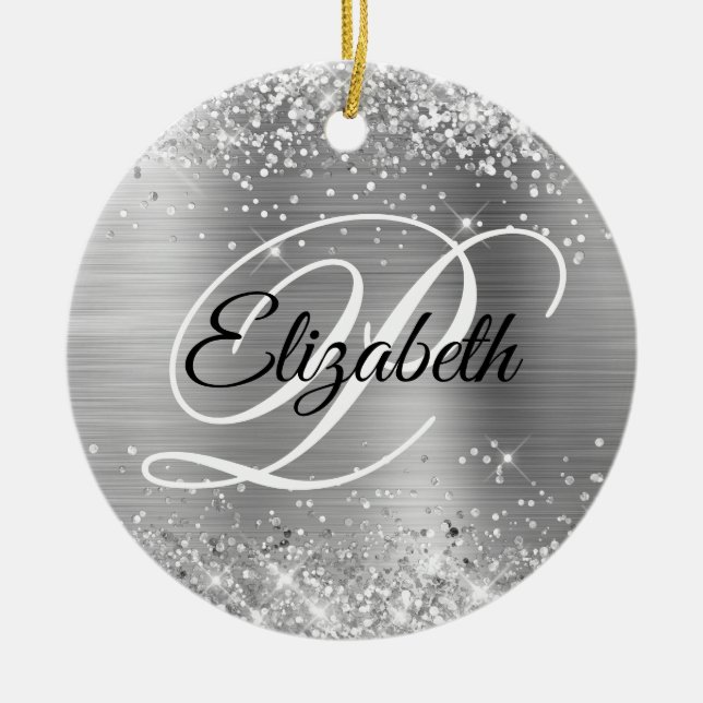 Photo Glittery Silver Foil Fancy Monogram Ceramic Tree Decoration (Front)