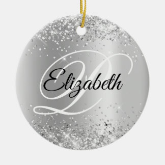 Photo Glittery Silver Shimmer Fancy Monogram Ceramic Tree Decoration