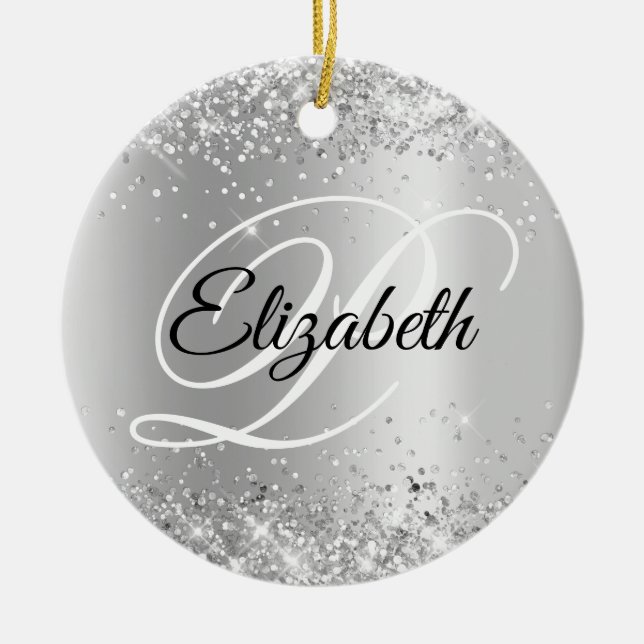 Photo Glittery Silver Shimmer Fancy Monogram Ceramic Tree Decoration (Front)