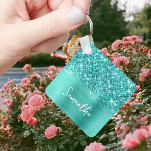Photo Glittery Teal Turquoise Glam Script Name Key Ring
