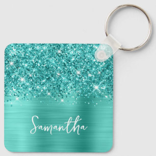 Photo Glittery Teal Turquoise Glam Script Name Key Ring