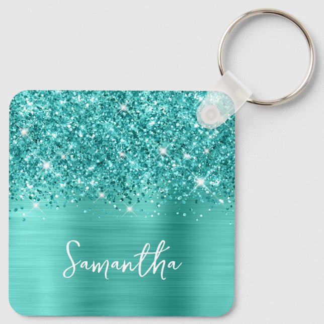 Photo Glittery Teal Turquoise Glam Script Name Key Ring (Back)