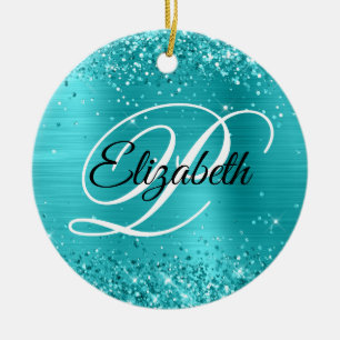 Photo Glittery Turquoise Blue Foil Fancy Monogram Ceramic Tree Decoration