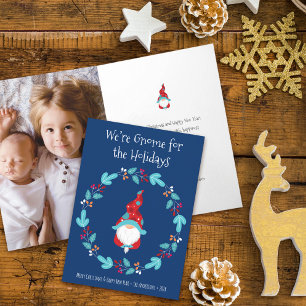 Photo Gnome for Holidays Cute Fun Elf Wreath Blue Card