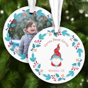Photo Gnome Sweet Gnome Cute Elf Floral Wreath Ornament