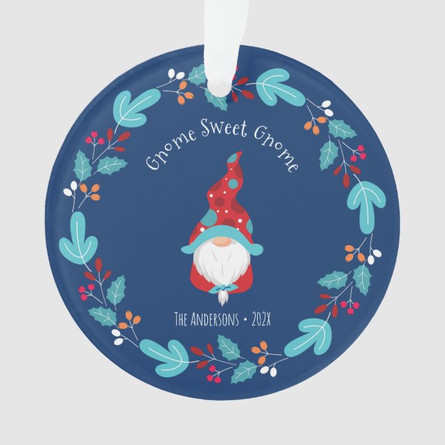 Photo Gnome Sweet Gnome Floral Wreath Elf Blue Ornament (Front)