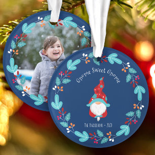 Photo Gnome Sweet Gnome Floral Wreath Elf Blue Ornament