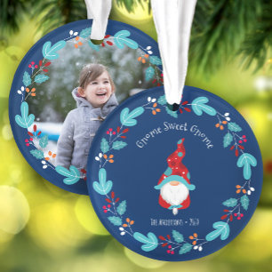 Photo Gnome Sweet Gnome Floral Wreath Elf Blue Ornament