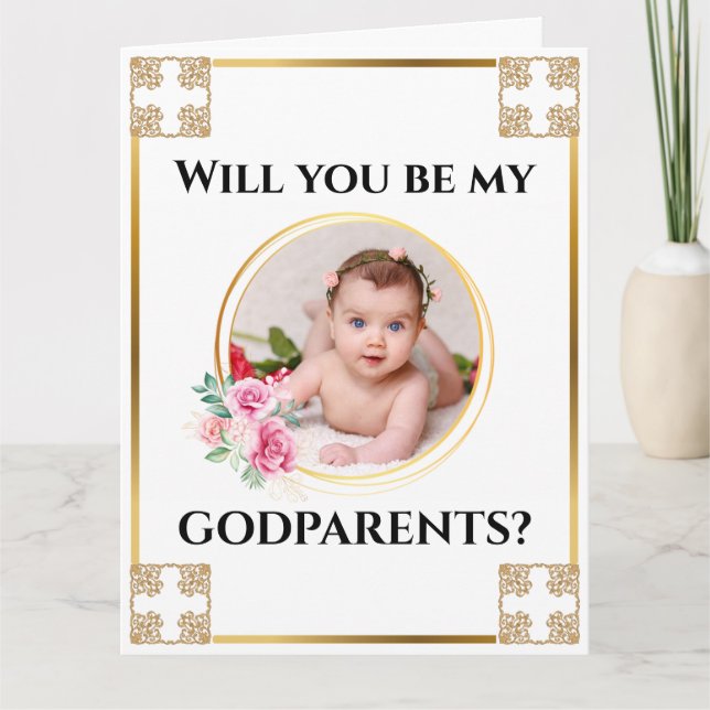 Photo godparents gold cross floral bouquet chic card (Front)