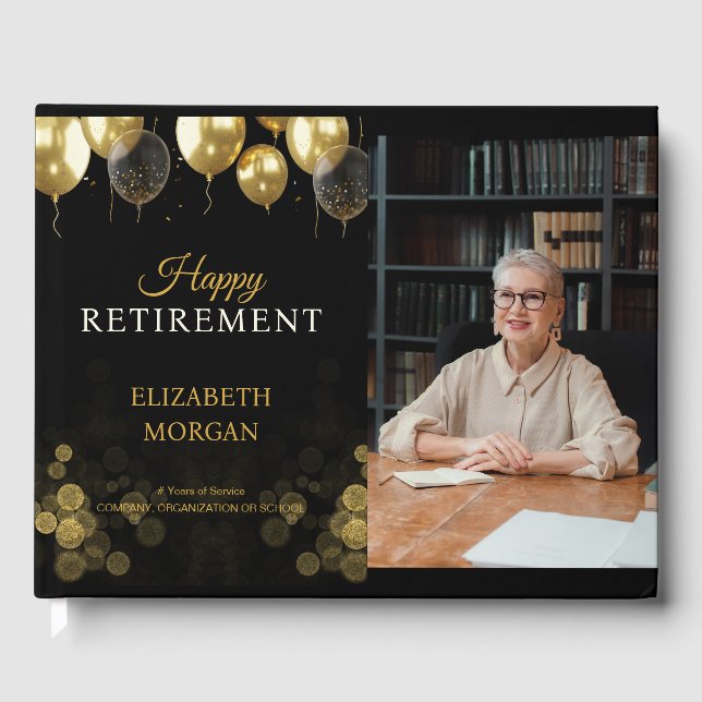 Photo Gold Balloon Happy Retirement Guest Book (Front)