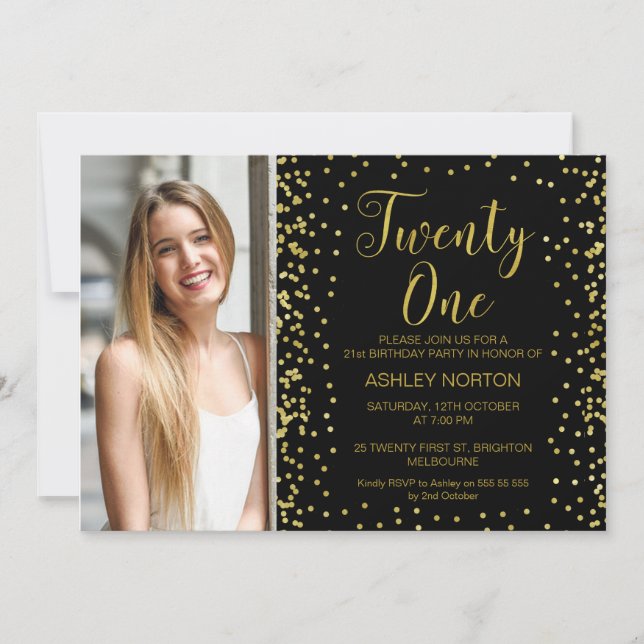 Photo Gold Black 21st Birthday Invitation (Front)