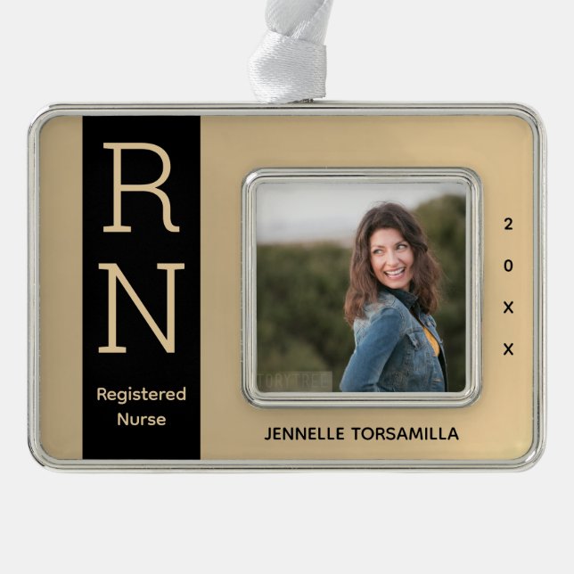 Photo Gold Black RN Nurse Silver Plated Framed Ornament (Front)