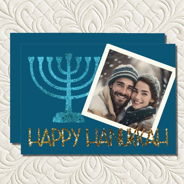 Photo Gold Blue Menorah Hanukkah Card (Creator Uploaded)