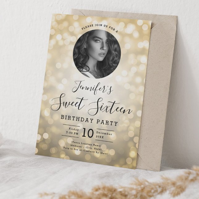 PHOTO Gold Bokeh Lights Sweet 16 Party Invitation (PHOTO Gold Bokeh Lights Sweet 16 Party Invitation)