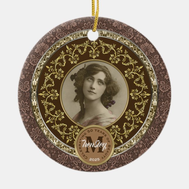 Photo Gold Classic Damask Commemorative Chocolate Ceramic Tree Decoration (Front)