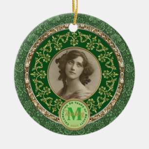 Photo Gold Classic Damask Commemorative Green Ceramic Tree Decoration