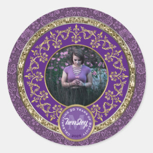 Photo Gold Classic Damask Commemorative Purple Round Sticker