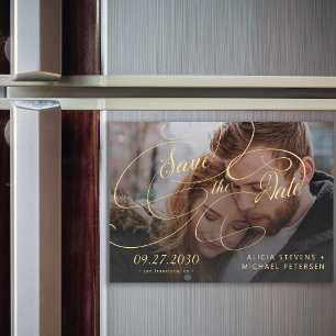 Photo gold classic script wedding save the date magnetic invitation
