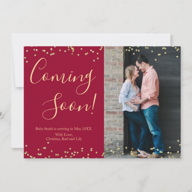 Photo Gold Confetti Pregnancy Announcement Cards (Front)