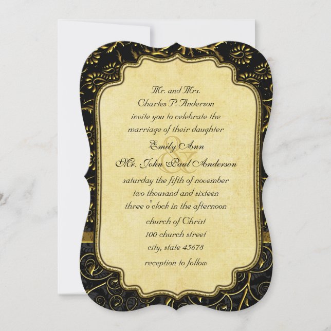 Photo Gold Damask Swirls Wedding Invitation (Front)
