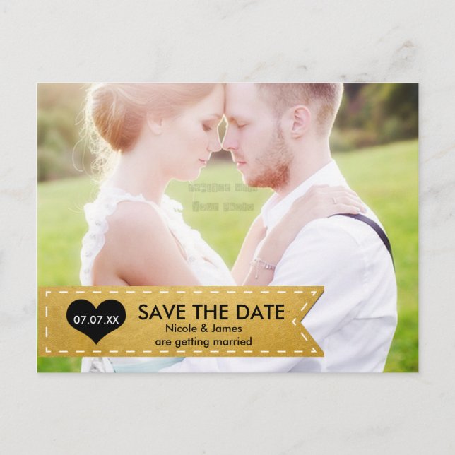 PHOTO Gold Foil Chic Banner SAVE THE DATE Postcard (Front)