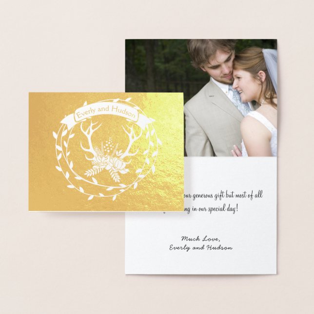 Photo Gold Foil Wreath Antlers Wedding Thank You Foil Card (Display)