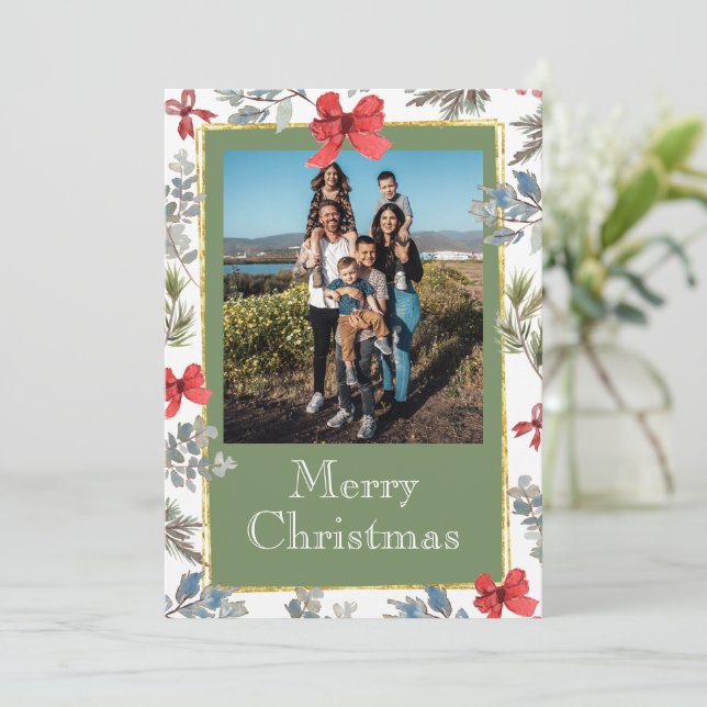 Photo Gold Frame Merry Christmas Personalised Holiday Card (Standing Front)