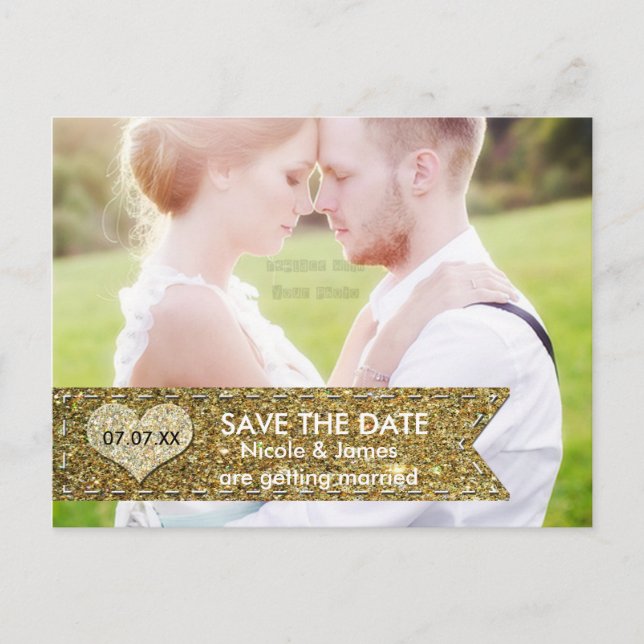 PHOTO Gold Glitter Banner SAVE THE DATE Postcard (Front)