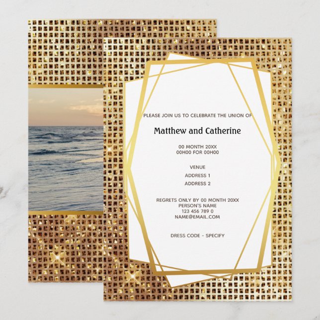 Photo gold glitter geometric frame DIY budget Invitation (Front/Back)