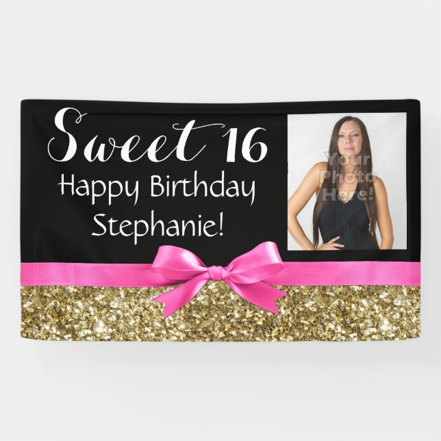 Photo Gold Glitter Pink Sweet 16 Birthday Party Banner (Horizontal)