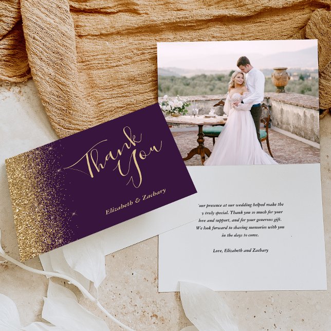 Photo Gold Glitter Purple Wedding Thank You Card (Creator Uploaded)
