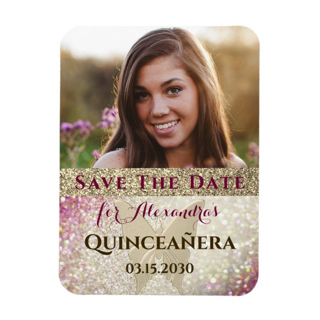 Photo Gold Glitter Quinceañera Save Date Magnet (Vertical)
