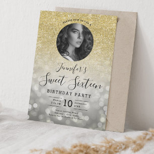 PHOTO Gold Glitter Silver Bokeh Lights Sweet 16  Invitation