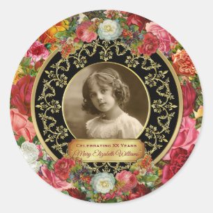 Photo Gold Gorgeous Roses Commemorative Black Onyx Classic Round Sticker