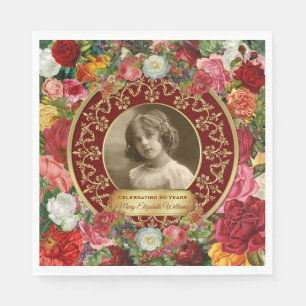 Photo Gold Gorgeous Roses Commemorative Burgundy Napkin