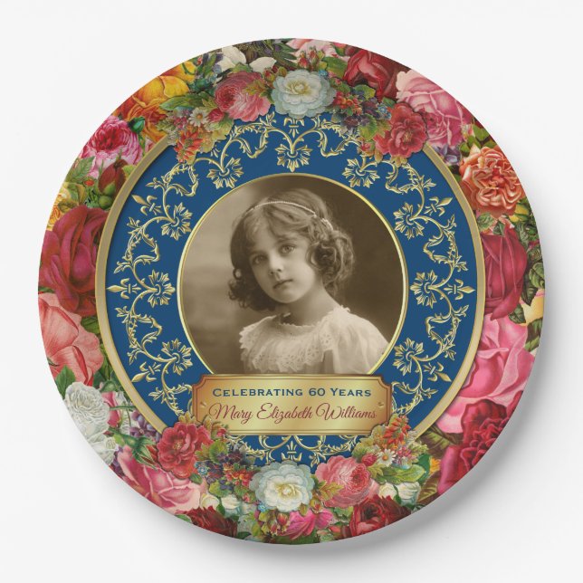 Photo Gold Gorgeous Roses Commemorative Dark Blue Paper Plate (Front)