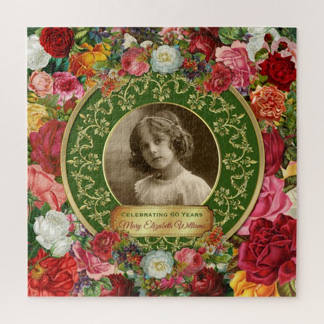 Photo Gold Gorgeous Roses Commemorative Dark Green Jigsaw Puzzle (Vertical)