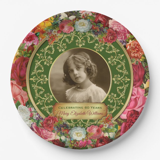Photo Gold Gorgeous Roses Commemorative Dark Green Paper Plate (Front)