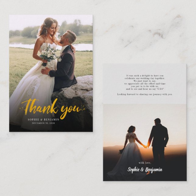 Photo Gold Hand-Lettered Wedding Thank You Card (Front/Back)