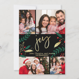 Photo Gold Joy on Black Christmas Greenery Holiday Card