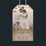 Photo, Gold Leaves Wedding Save the Date Gift Tags<br><div class="desc">Delight your guests announcing your wedding date with a gift; they will love hearing the news and enjoy the nice detail! Photo gift tag with attractive watercolor gold leaves photo overlay on the top framing your photograph. Gold textured section on the bottom with modern hand written calligraphy details, and your...</div>