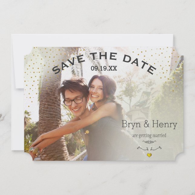 Photo Gold Light Effects Black Gold Dots on Back Save The Date (Front)