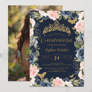 Photo Gold Navy Pink Floral Butterfly Quinceanera  Invitation