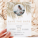 Photo gold palm tree elegant save the date<br><div class="desc">Modern simple faux gold palm tree with simple typography,  a trendy and tropical save the date wedding theme on palm tree leaf. Add your couple photo</div>