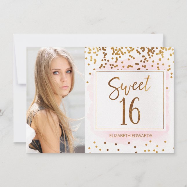 Photo Gold Pink Sweet Sixteen Birthday Invitation (Front)